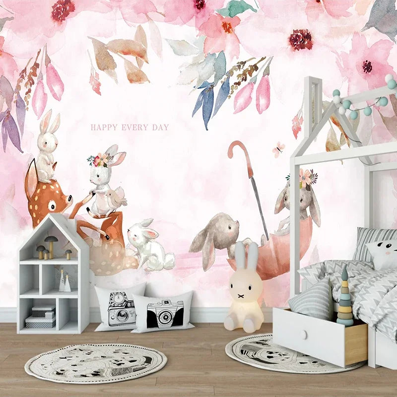 JIADOU Modern Kids Waterproof Canvas Customized 3D Cartoon Baby Deer-Rabbits In A Umbrella Self-Adhesive Photo Print Peel-Stick Mural Wallpaper/Requires Paste/Peel-N-Stick/Requires Paste