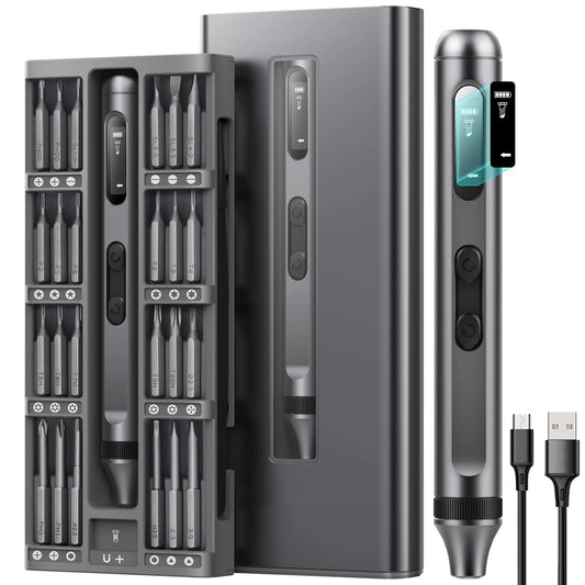 51 PCS in 1 Electric Silver-Black Body Slim Pencil Shaped Aluminum Steel Cordless Rechargeable 3.7V DC-Battery-Powered Straight Handle Screwdriver Sets/Colors-Gray/Black/Silver