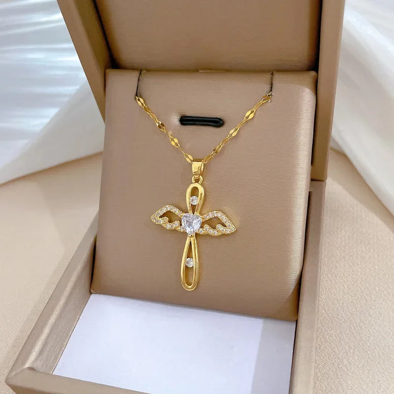 No-EN-Name-Null Women Fine Imitation Stainless Steel Metal Gold-Plated Clear White Shiny Crystal Cubic Zirconia Diamond Accents Stones Hollow Out Cross Pendant Necklaces/Colors-Gold/Silver/Clear/White/Pink/Green