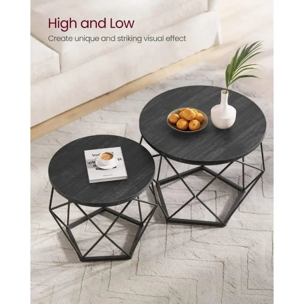 No-EN-Name-Null 2 PCS Rustic Brown Round Wood Top Steel Frame Coffee Table Sets/Colors-Rustic Brown-Black Base/Charcoal Gray-Black Base/White Marble-Black Base/Beige-Black Base/Size:( Large Size) 19.7cm W x 15.7cm H/( Small Size) 15.7cm W x 14.2cm H