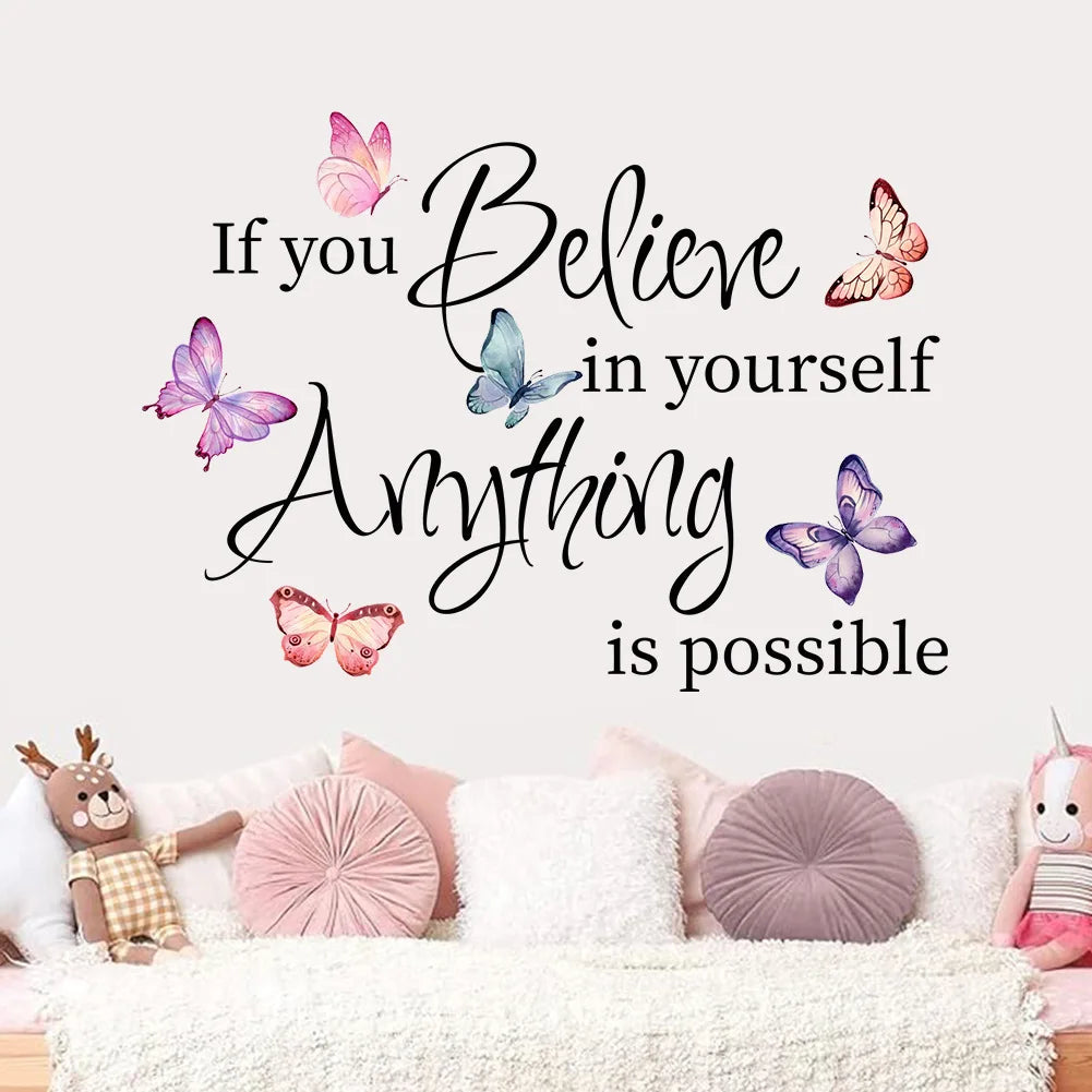 NULL Modern Multicolor Butterflies Animals Text Saying-If You Believe In Yourself-Anything Is Possible Positive Quotes Wall Art Home Decor Decals/Colors-Multicolor