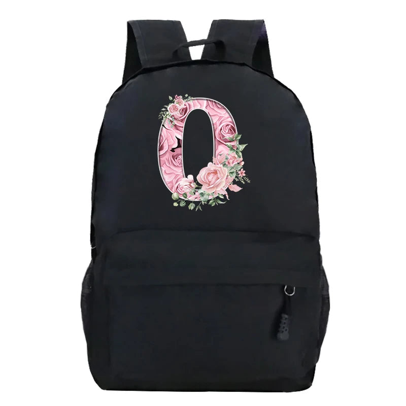 No-EN-Name-Null Waterproof Large Black Softback Nylon Fabric Printed Floral Pink Rose First Name Initial Letter Curved Back Zipper Canvas Lining Built-In Laptop Compartment Shoulder Straps-Handle Zippered External Pockets School Backpacks