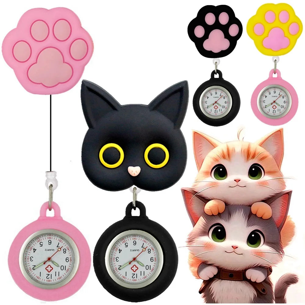 No-EN-Name-Null Adults Waterproof Cartoon Pink Big Cat Paw Metal Alloy Case Arabic Numeral Analog Display Clip-On Nurses-Doctors Fob Hanging Pocket Watches/Colors-White-Black Cat Heads/Yellow-Black-Pink Paws