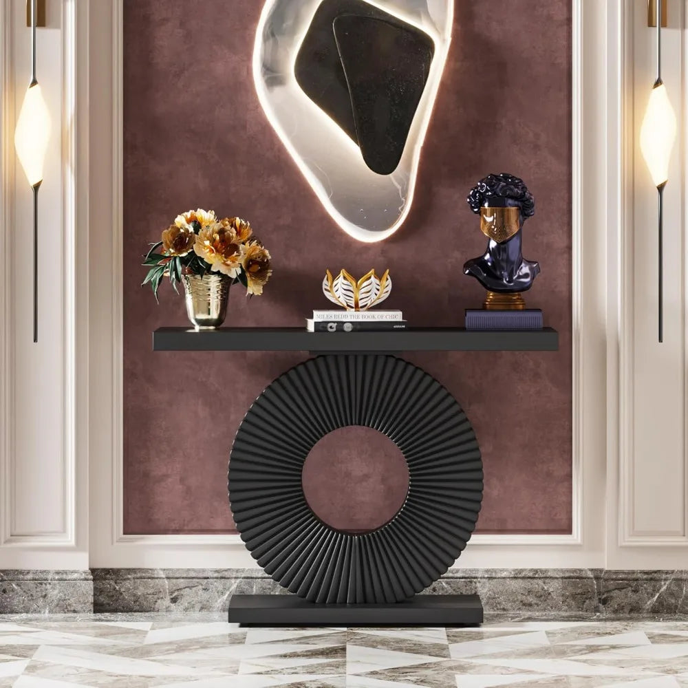 TONGYUE Modern Black Thick Wood Top Narrow Long Entryway Geometric Round Flower Face Shaped Base Curved Lines Accents Console Tables/Colors-Black/White/Gray