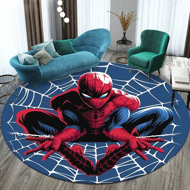 MINISO Round Shaped HD Printed Red Background MARVEL Spider Man Design Anti-Slip Plastic Dots Bottom Fade Resistant Soft Velvet Polyester Fabric RUGS /Colors-Orange/Blue/Red/Multicolor