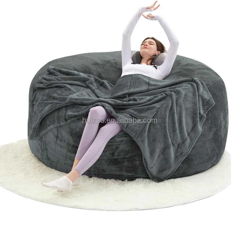 No-EN-Name-Null Modern Italian Design Large Three Seat Soft Plush Brown Round PU Polyester-Flannel Fabric Bean Bag Chairs/Zippered /Removable-Washable Cover/Extra 4 Gifts Included/ Sponge Filler Included /Colors-Gray/Beige/Brown/Blue/Black