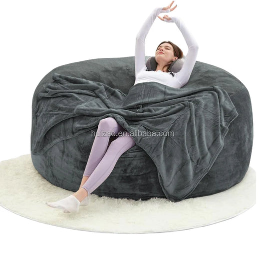 No-EN-Name-Null Modern Italian Design Large Three Seat Soft Plush Brown Round PU Polyester-Flannel Fabric Bean Bag Chairs/Zippered /Removable-Washable Cover/Extra 4 Gifts Included/ Sponge Filler Included /Colors-Gray/Beige/Brown/Blue/Black