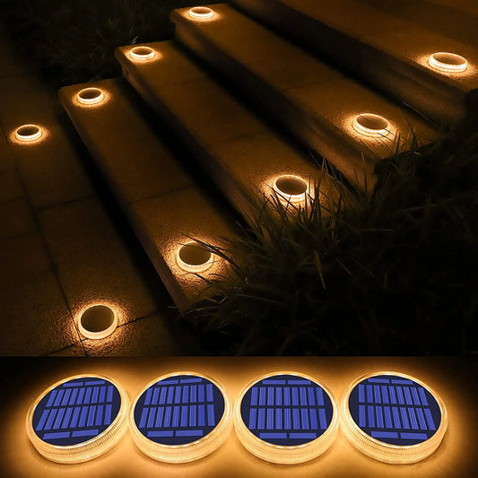 WILLED 4 PCS Outdoor Waterproof Anti-Rust-Corrosion Warm White LED Solar-Powered Automatic On-Off Switch Control Glowing Blue-Black-White Round Plastic Body Built-In Battery 3M Self-Adhesive Stick Bottom Floor Pathway Lighting