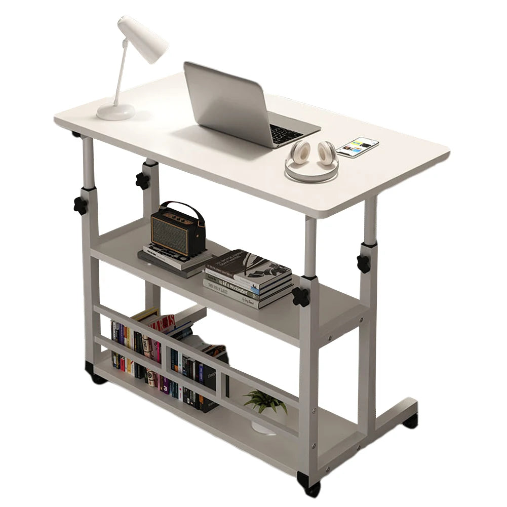 No-EN-Name-Null Modern Adjustable Height Wood Panel High-Gloss Smooth Finish Rectangle Shaped Top Welded Metal Frame Retractable Two Shelves Layers Mobile Bedside Computer Desks/4 Wheels