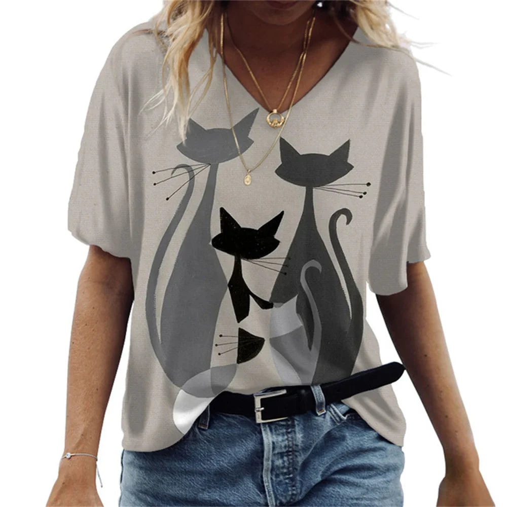 No-EN-Name-Null Women Knit V-Neck Medium Length Cute Cartoon Anime Cat Shaped Stretchable Cotton-Lycra Short Sleeved T-Shirts/Sizes: S-2XL/Colors-Green/Gray/Animal/Checkered/Floral