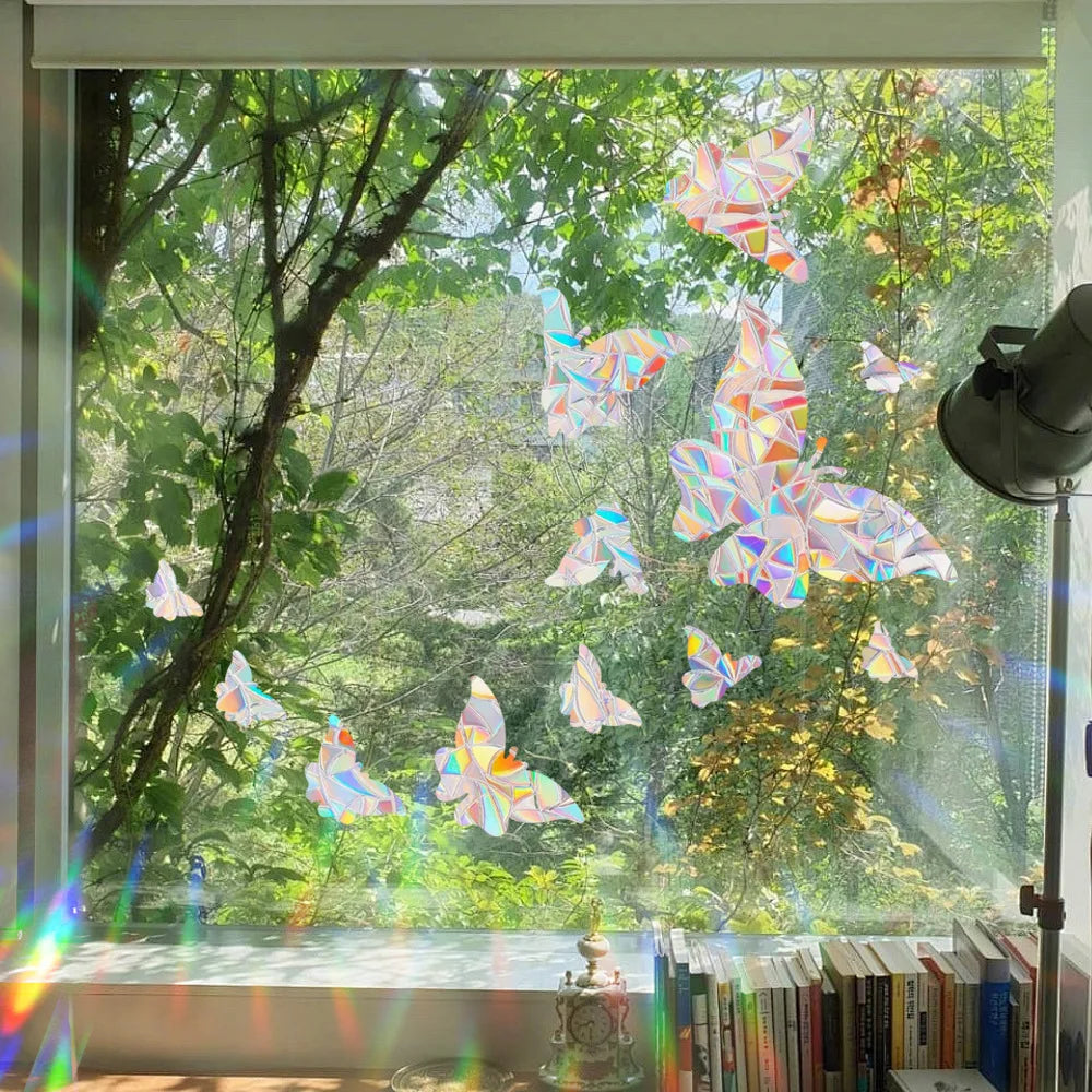 HOMEYAN Kids Non-Adhesive Plastic Film Geometric 3D Rainbow Colors Butterfly Shaped Plastic-Film Wall-Window Glass Stickers Suncatchers/Glue-Paste Needed