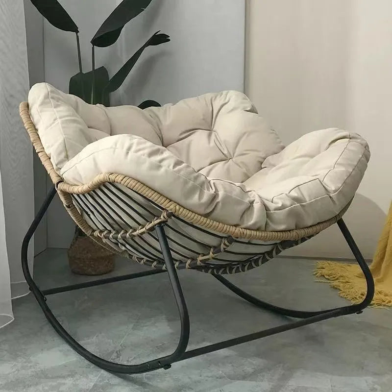 OMGD Indoor Large Human Bird's Nest Rattan Faux Leather Full Q-Bomb Doll Cotton Cushion Metal Frame Rocking Chairs/Colors-Beige/Orange/Black/Brown