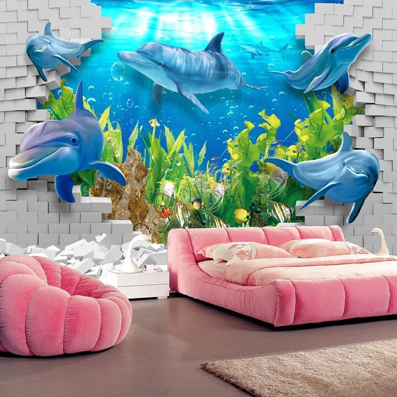 JIADOU Waterproof 3D Printed Sea-Dolphin-Floral Custom Mural Self-Adhesive Plastic Canvas Wood Fiber Wallpaper