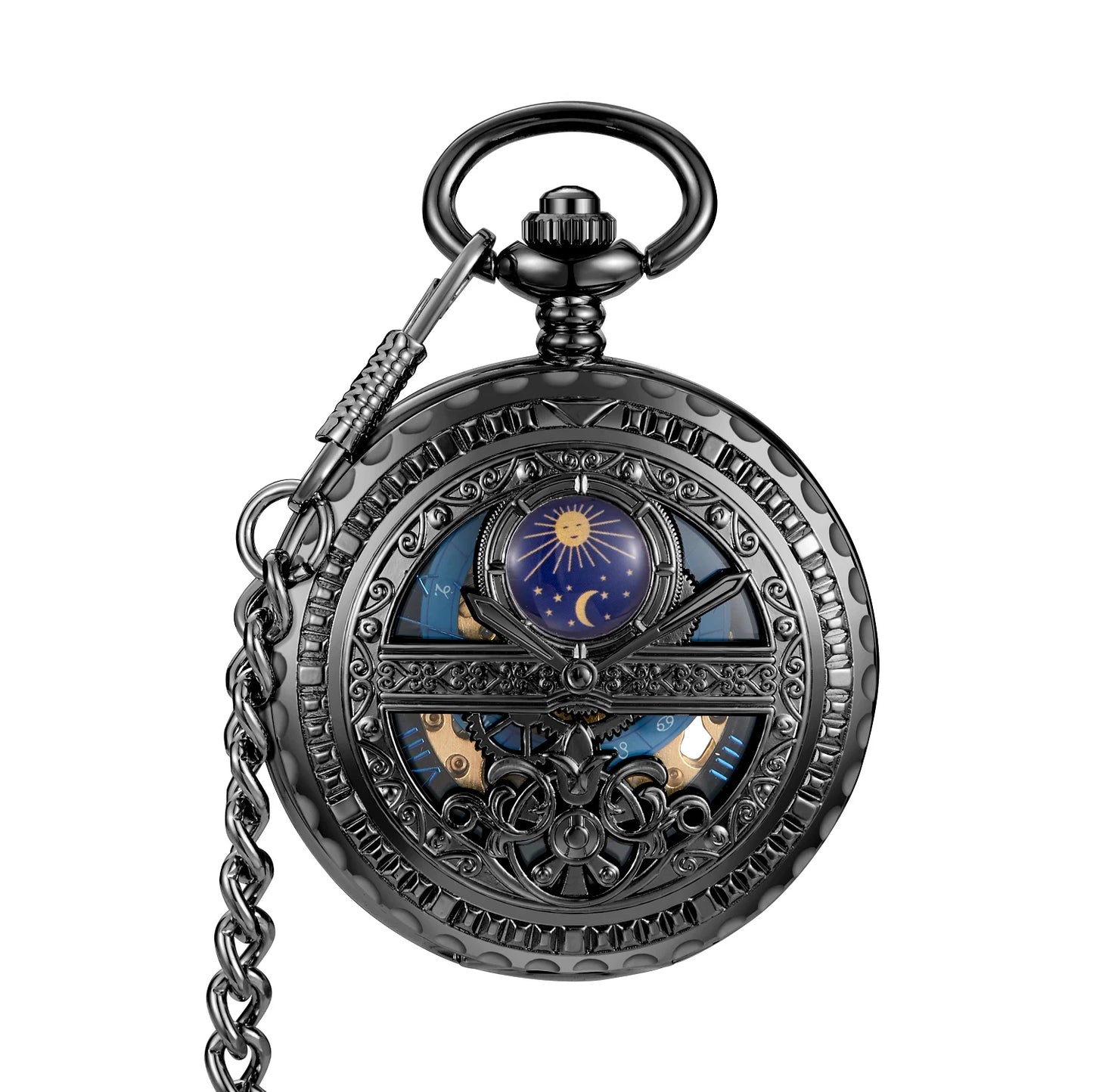 GORBEN Adults Mechanical Hand-Winding Glass Face Black-Sliver-Gold Round Stainless Steel Metal Case Analog Display Hollow-Out Skeleton Dial Blue Night Sky-Half Moon-Stars-Sun Design Analog Display Chain-Pocket Watches/With Box-Without Box
