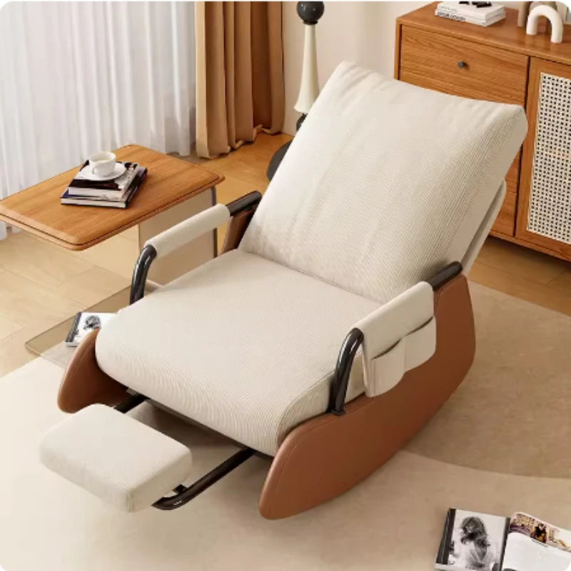 ZHENDAI Indoor Modern Gray Soft Velvet Upholstered Padded Corduroy Fabric Cushions Three-Gear Adjustable Backrest Metal Arms-Footrest No Roll Overs Design Reclining Rocking Chairs/Colors-Gray/Beige/Green/ Size: 78 x 60 x 70cm