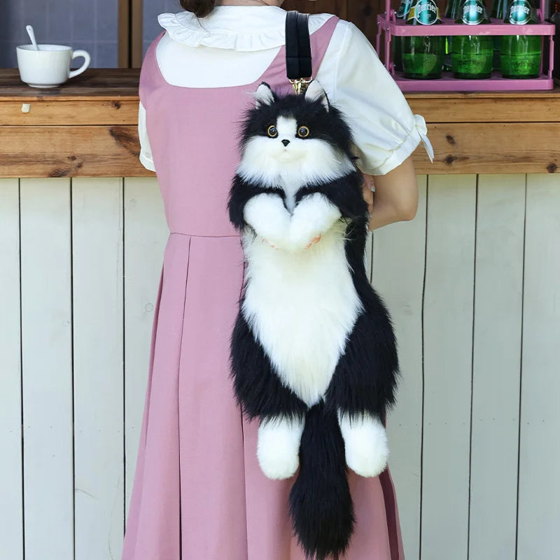 No-EN-Name-Null  Unisex Lightweight Softback Cute Soft Plush Black-White Cat Ragdoll Shaped Design Metal Zippers Polyester Lining Cotton Fabric Two Adjustable Shoulder Straps-Handle School Backpacks/Adjustable Sizes