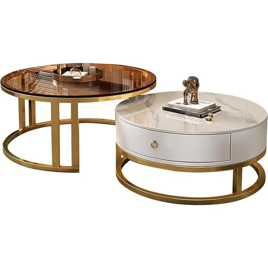 RUO WU Modern Two-In-One Brown Glass Top Metal Frame Base Nesting Coffee Tables/1 Drawer/ Size: 74"D x 74"W x 31"H/Colors-Clear/White/ Silver/ Multicolor
