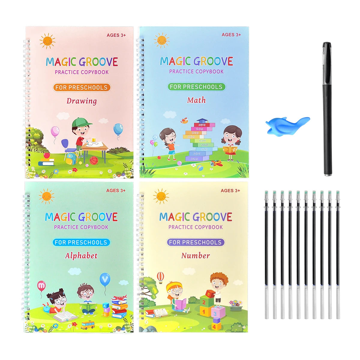 No-EN-Name-Null Kids 4 PCS Multicolor Plastic Reusable Magic Grove Practice Copybook For Preschoolers-Math-Drawing-Alphabet-Numbers Educational Reading Toys/Colors-Multicolor/Blue/Green/Pink
