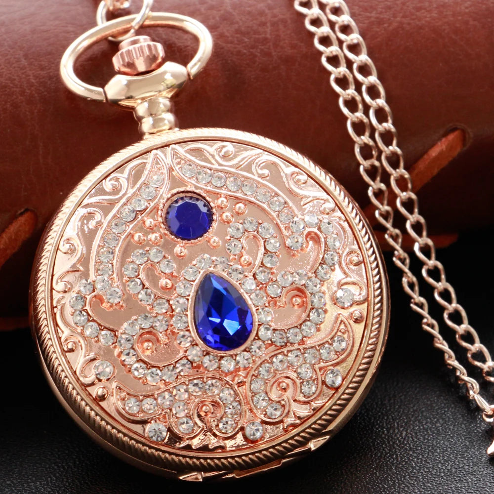SHUHANG Adults Quartz Analog-Digital Display Gold-Red Ruby Stones On Front-Floral Design On Back Round Shaped Stainless Steel Metal Case Hardlex Face Necklace Chain-Pocket Watches