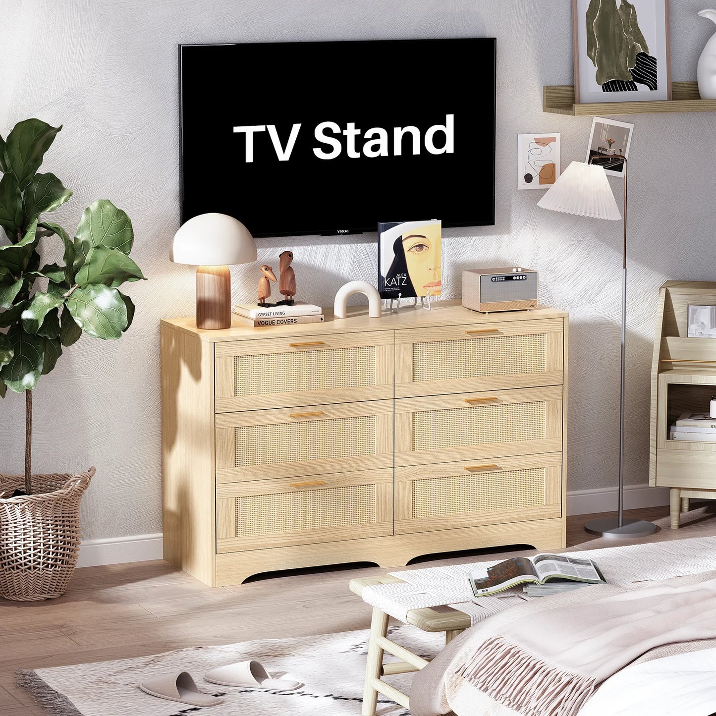 No-EN-Name-Null  Modern Countryside Brown Rectangle Waterproof Scratch-Resistant Six Drawers Decorative Gold Handles Integrated Table Legs Rattan Wicker MDF Wood Dressers/Colors-Red/Beige/Brown/White/Size: 39.37X15.75X30.37inch