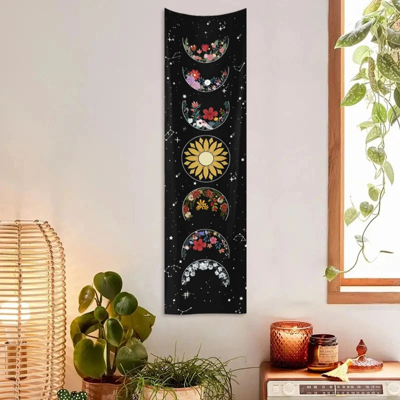Rectangle Polyester Geometric Black Background White Printed Moon Phrase-Starry Sky Colorful Floral Wall Hanging Tapestries