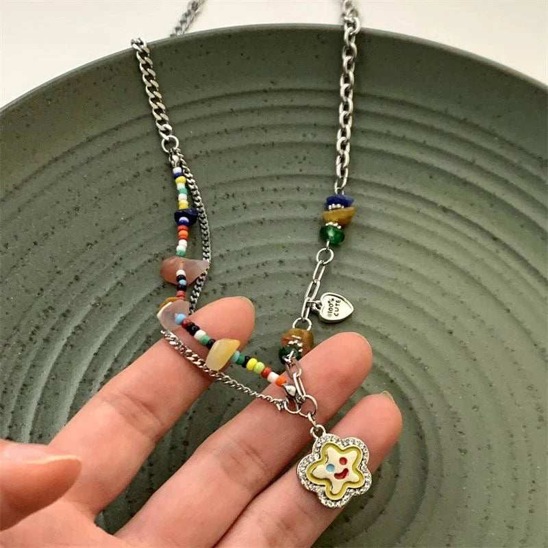 No-EN-Name-Null Adults Women Vintage Imitation Zinc Alloy Metals Imitation Bohemian Natural Crystal Stones Flower Dangle-Hearts-Smiling Star Multicolored Beaded Pendant Necklaces/Colors-Floral/Multicolor
