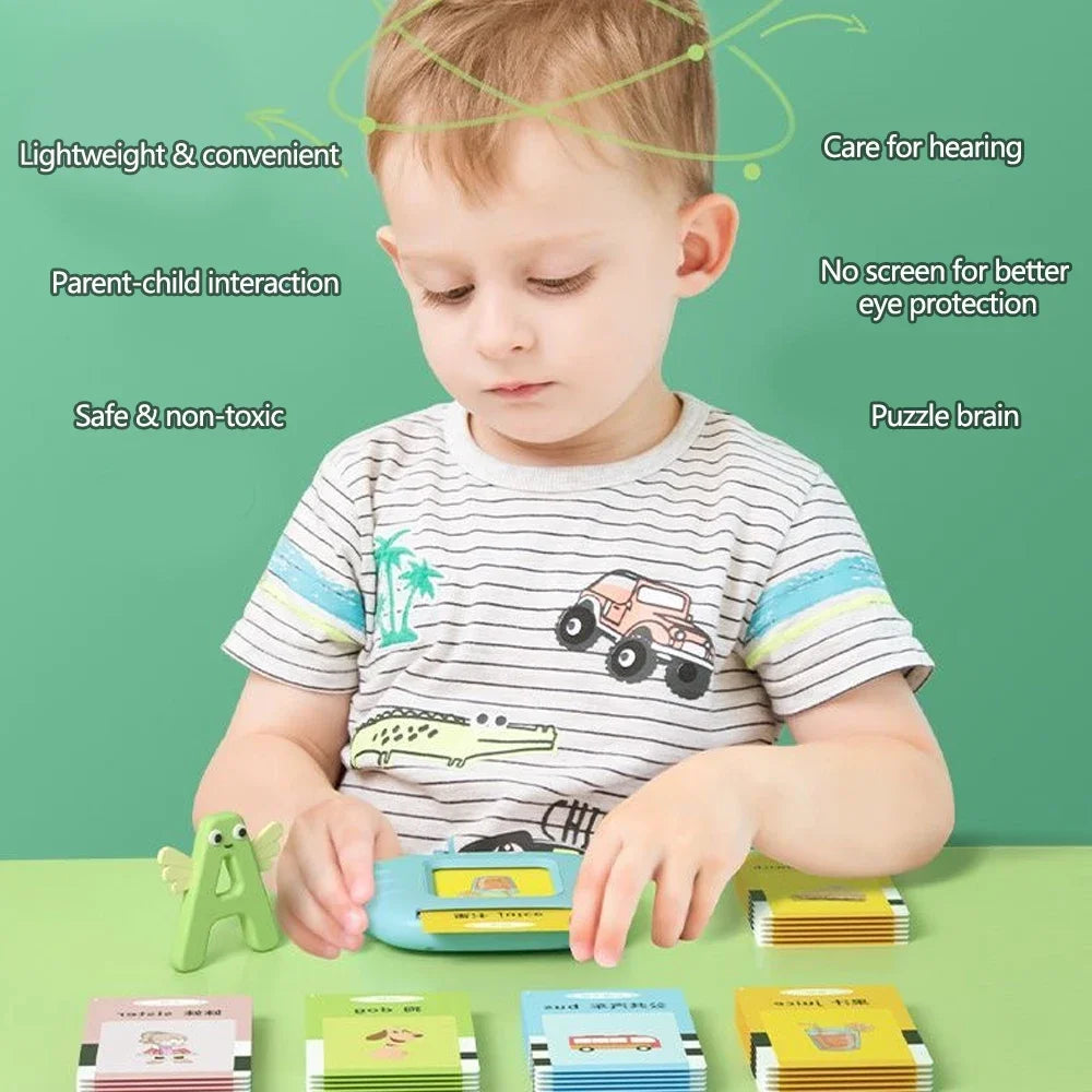 CHRIYUNGEL Kids Early Education English Talking Curved Edges Safe Non-Toxic Pink-Blue Plastic Square Built-In Battery Musical Electronic 112 Flashcards Audio Books Educational Flash Cards / USB Charging Cord/Ages: 3-8 Years Old