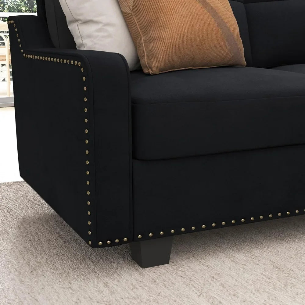 No-EN-Name-Null Modern Medium Firmness L-Shaped Wood Framed Sectional Soft Plush Velvet Fabric Cushions Sofas/Colors-Black/Dark Blue/Dark Gray/Size: (D x W x H): 82.7 x 82.7x 36.2 inches/Weight Capacity: 1,488 lbs
