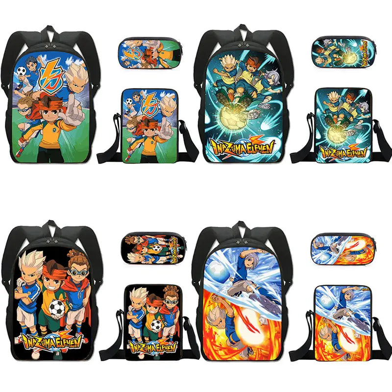 FANTASY VALLEY Women 3 PCS Softback Anime Inazuma Eleven Zippers Waterproof Multicolor Oxford Nylon School Backpacks Sets/ Colors-Black/Blue/Multicolor