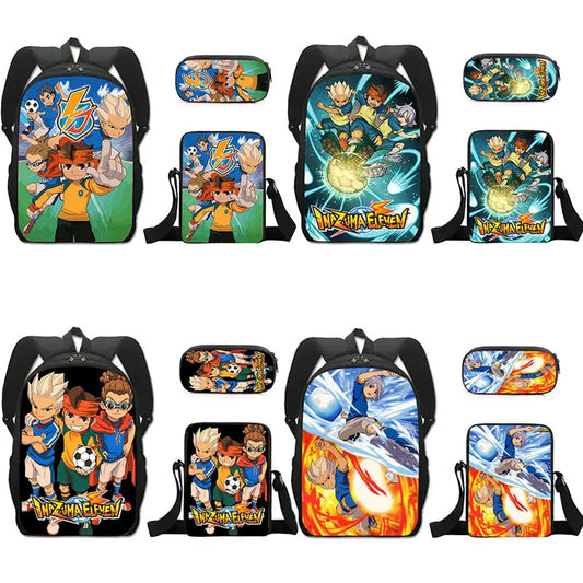 FANTASY VALLEY Women 3 PCS Softback Anime Inazuma Eleven Zippers Waterproof Multicolor Oxford Nylon School Backpacks Sets/ Colors-Black/Blue/Multicolor