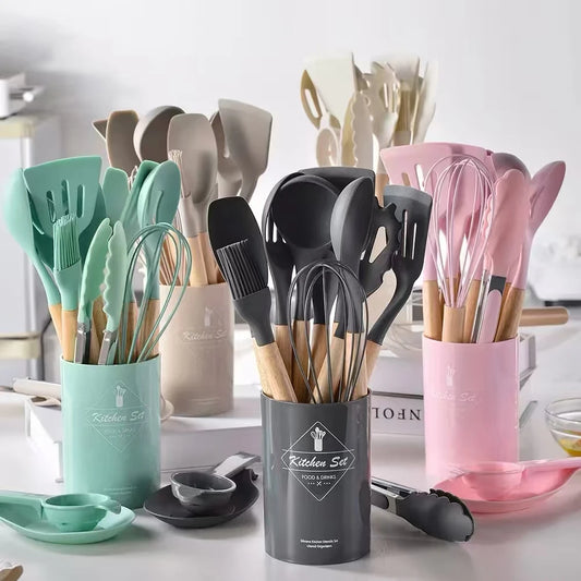 Kitchen 12 PCS Set Heat Resistant Non-Stick Silicone Tips Wood Handles Cooking Utensils-Storage Bucket/Colors-Colors-Green/Red/White/Gray/Pink/Black/Multicolor