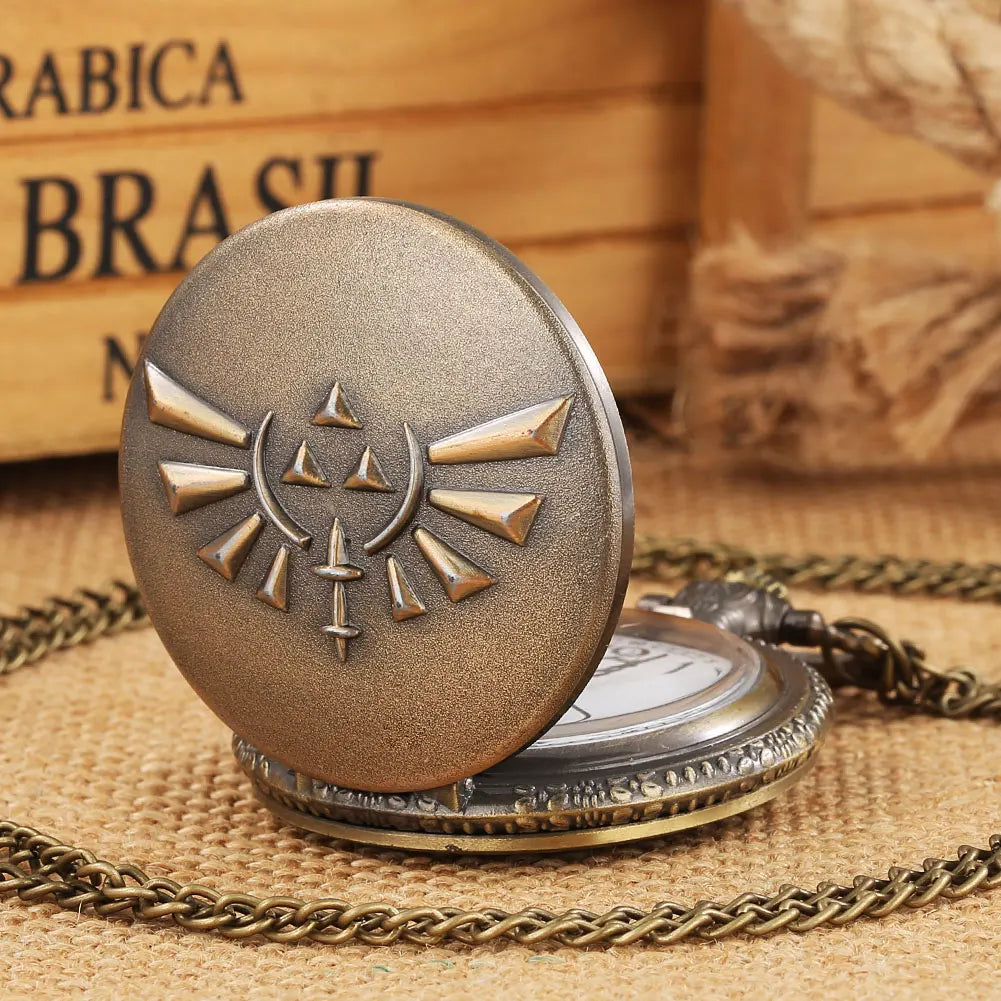 YISUYA Adults Antique ZELDA Design Quartz Acrylic Face Analog Display Steampunk Retro Bronze Round Shaped Metal Alloy Case Bronze Thick-Thin Pendant Necklace Chain-Pocket Watches