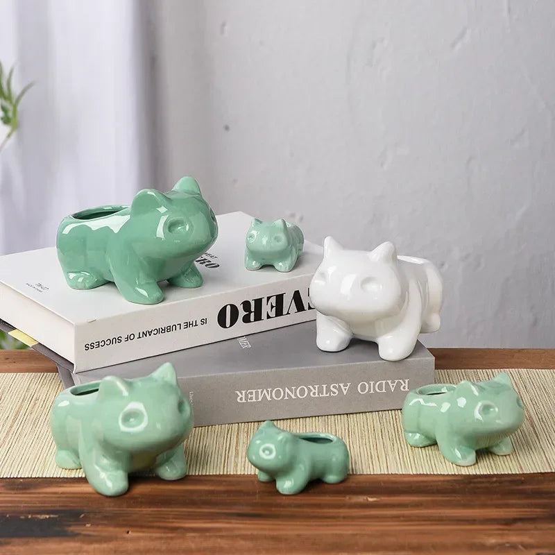 TAKARA TOMY Home Garden Mini-Small Ceramic Cute Cartoon White-Green Bulbasaur POKEMON Shaped Succulent Plants Flower Pots-Planters