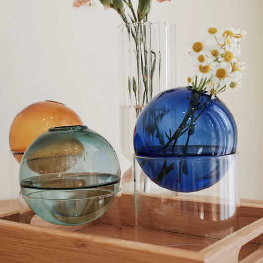 Mini Nordic Tabletop Borosilicate Glass Ecological Round Bottle Vases/Colors-White/Orange/Blue/Clear