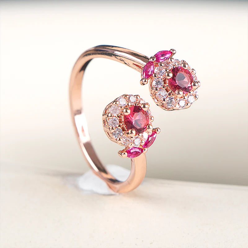 CELLA CITY Women Sterling Silver Rose Gold Plated Metal Shiny Floral Flower Shapes Zircon Clear White-Garnet Ruby Red Gemstones Adjustable Size Fine Cocktail Band Rings/Colors-Red/Floral/Geometric