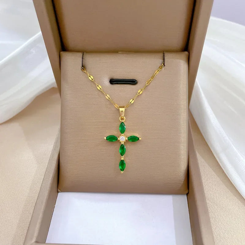 No-EN-Name-Null Women Fine Imitation Stainless Steel Gold-Plated Metal Cubic Zirconia All-Crystal Clear White Shiny Diamond Accents Stones Cross Pendant Necklaces/Colors-Brown/Clear/Green/Gold/Pink