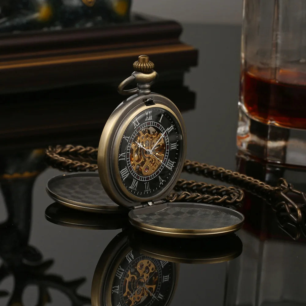 OHSEN Men Quartz Analog Display Acrylic Face Roman Numeral Stainless Steel Metal Round Case Double-Sided Skeleton Dial Transparent Back Cover Steampunk Mechanical Hand Wind Chain-Pocket Watches/Colors-Silver/Bronze/Gold/Black/Rose Gold