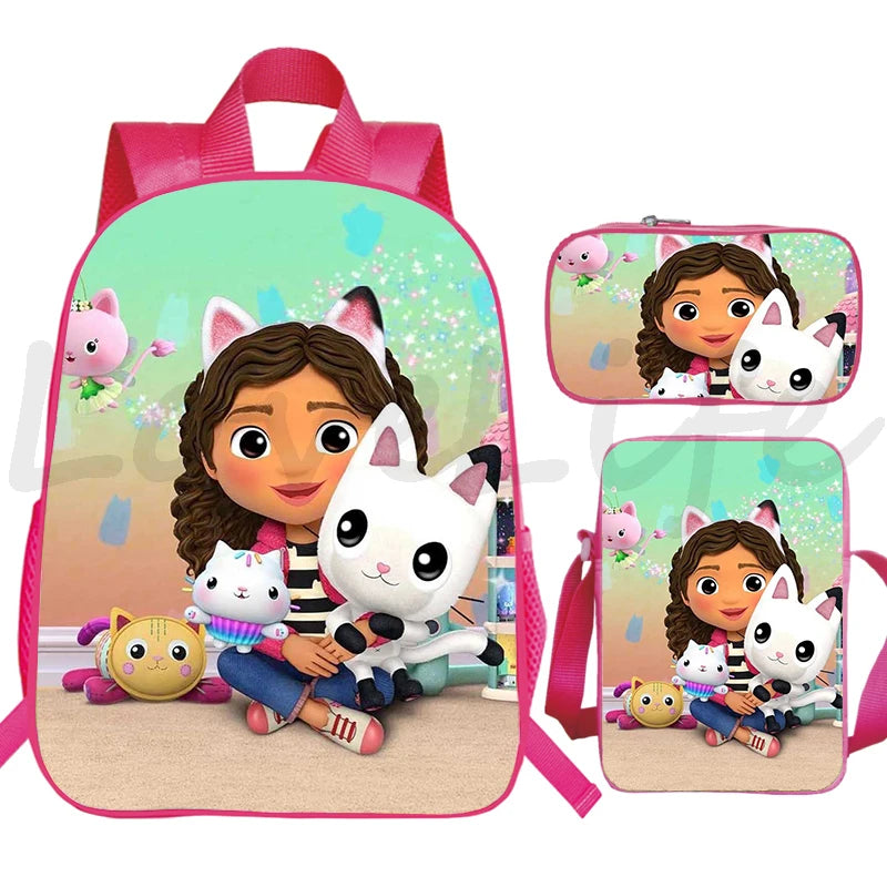 JUNBIE Kids Waterproof Pink Nylon Fabric Cute Cartoon Gabby's Dollhouse Design Zippers Curve Back Shoulder Straps-Handle Built-In Laptop Compartment External Pockets Backpacks/Colors-Pink/Multicolor