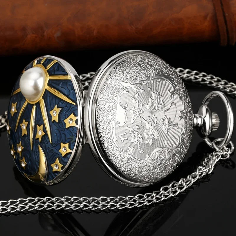 WECIN Adults Quartz Glass Face Metal Round Arabic Numeral On Front Blue Sea-Bronze Stars-Half Moon-Sun Inlaid Pearl-Geometric Silver Back Design Pendant Chain-Pocket Watches/Colors-Blue/Silver/Gold/White/Geometric