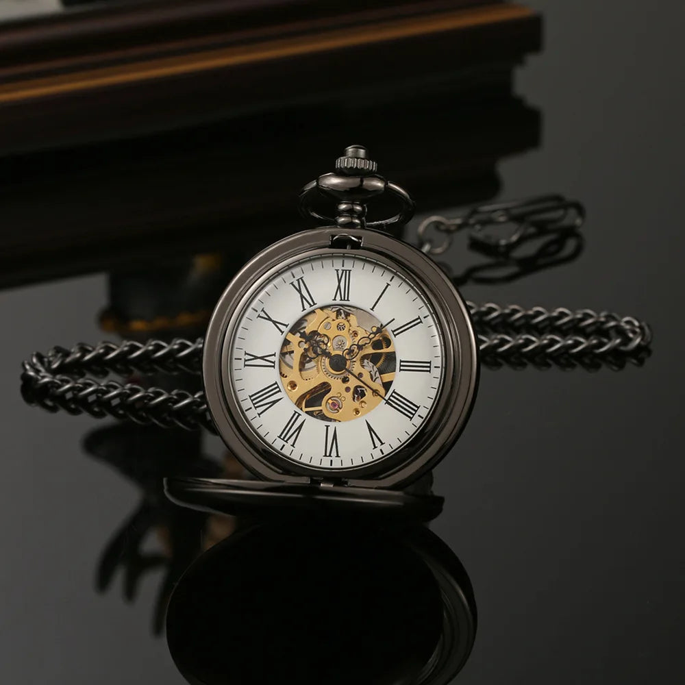 OHSEN Men Quartz Analog Display Acrylic Face Roman Numeral Stainless Steel Metal Round Case Double-Sided Skeleton Dial Transparent Back Cover Steampunk Mechanical Hand Wind Chain-Pocket Watches/Colors-Silver/Bronze/Gold/Black/Rose Gold