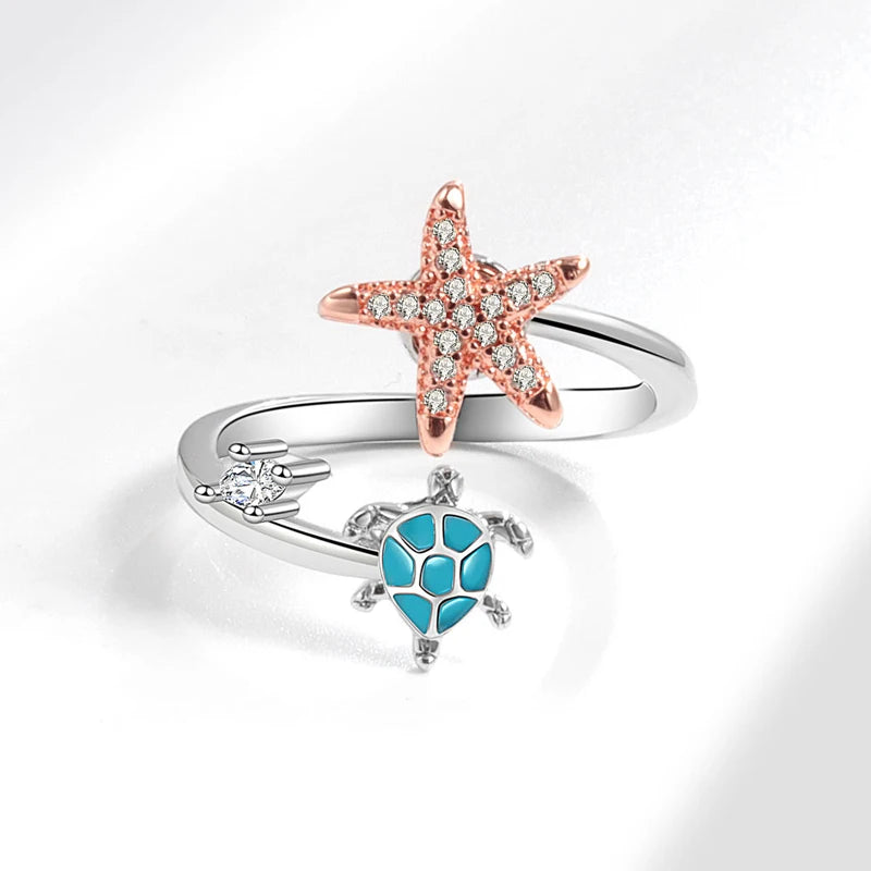 KOFSAC Women-Girls Sterling Silver Metal Austrian White Crystal Cubic Zirconia Tension Mount Twisting Cute Inlaid Pearl Starfish-Blue Stones Turtle Sea Creatures Design Rings