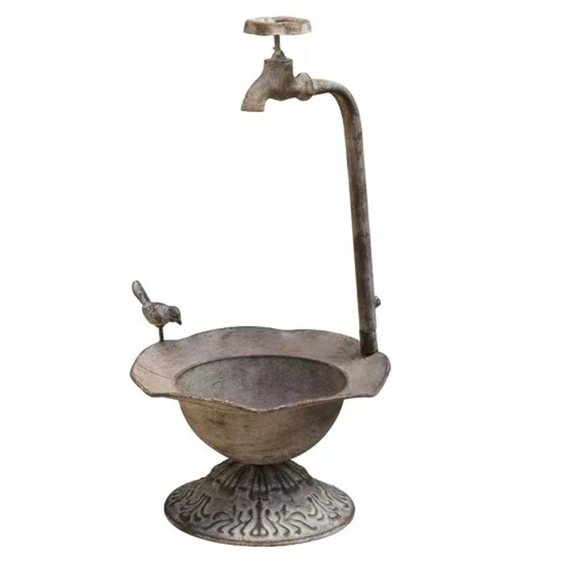 No-EN-Name-Null Outdoor Home Garden Free-Standing Antique Bronze Metal Faucet-Small Bird Plastic Flowerpot Hallow Base Spa Synthetic Birdbaths/ Colors-Bronze/Brown/White/Gray/Floral