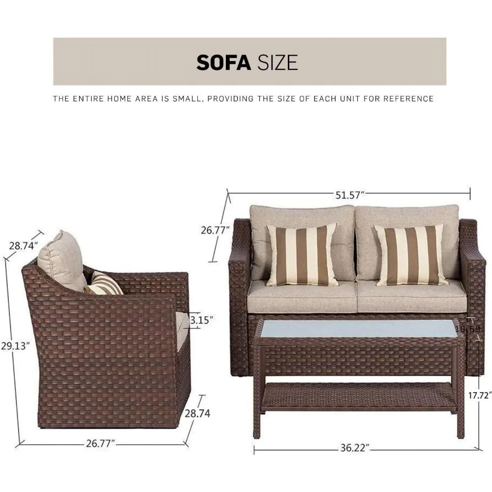 No-EN-Name-Null Outdoor Modern Manhattan Series 7-PCS All-Weather Brown Rattan Wicker Iron Metal Frame Patio Furniture Sets/2 Chairs /2 Ottoman/Loveseat /Glass Top End-Coffee Tables/ Striped Pillows/Colors-Beige/Brown/Striped/Multicolor
