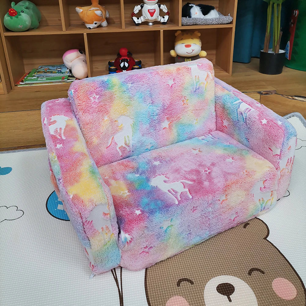 SHUNMAII Modern Babies-Toddlers Upholstered Sponge Padding One-Seat Glow-In-The-Dark-Stars-Half Moons-Clouds Design Soft Gray Polyester Fabric Fold-Out Armchair Play Sofas/Colors-Gray/Multicolor/Animals