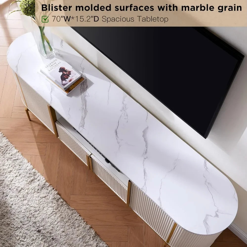 No-EN-Name-Null Modern Adjustable Dimensions Cable Managing-White Fluted Gold Metal Accents Curved Profile Design Entertainment Centers-TV Stands /Holds TVs Up to 80 inches/Colors-Navy Blue/White/Natural Oak
