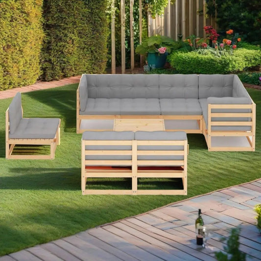 Stylish Outdoor 9-Piece Solid Pine Wood Patio Lounge Set / 100 % Polyester Cushions/Colors- Gray/Brown/