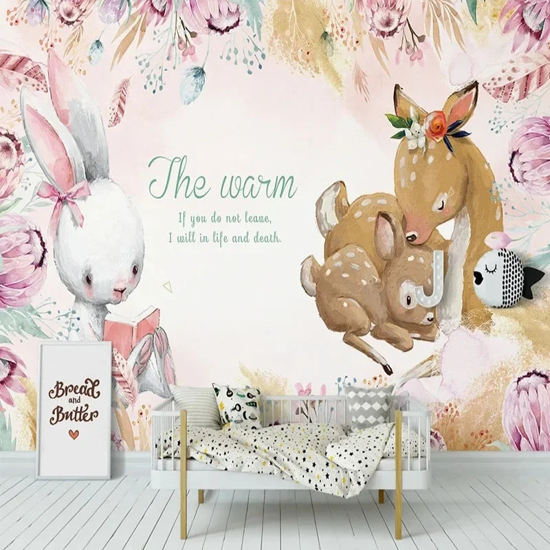 JIADOU Kids Waterproof Canvas Custom 3D Printed Mural Pink Flowered Background White Bunny Reading A Book To Two Deer Laying Down On The Ground Listening To The Stories Design Wallpaper/Requires Paste