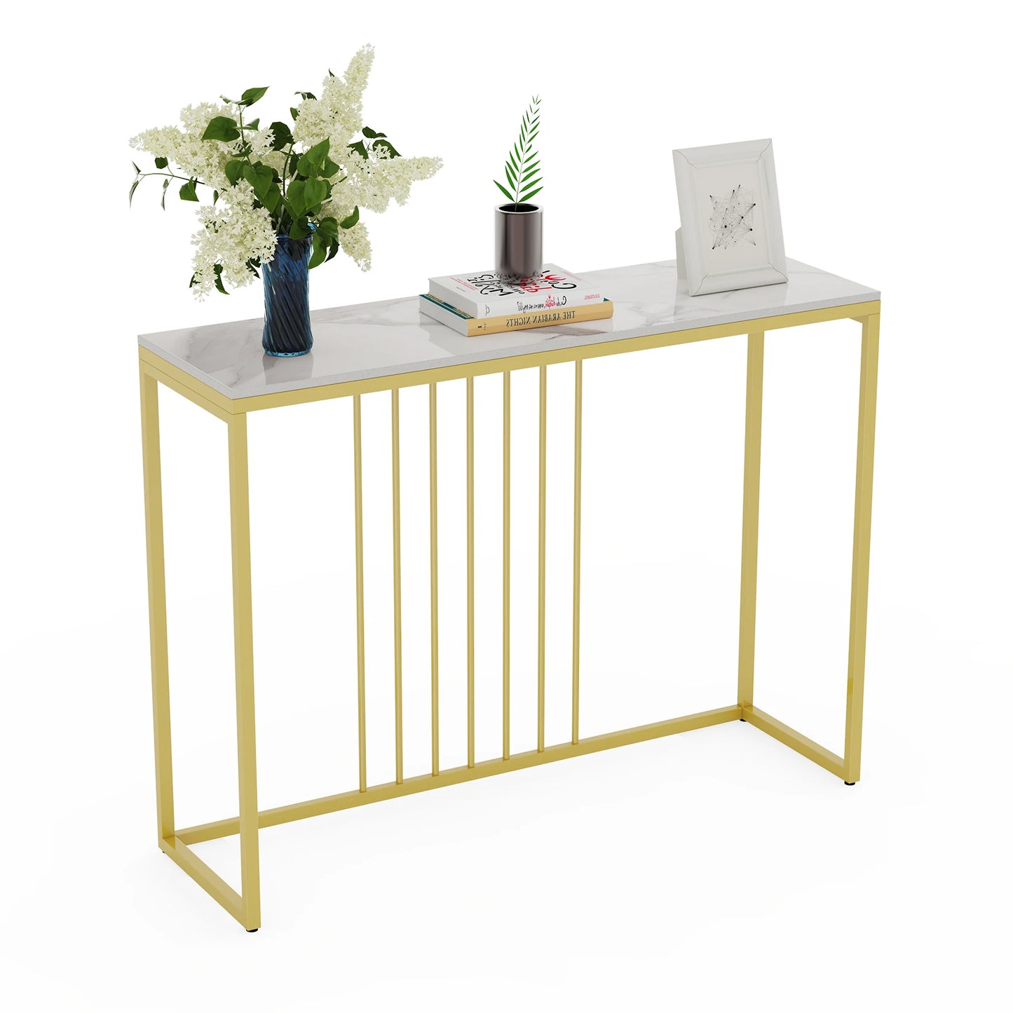 BINGOPAW Modern Nordic Rectangle Shaped Narrow Sintered White Marble Top-Gold Metal Frame Entryway Console Tables/Colors-White Tops/Gold-Black Metal Frame/Size: 39.4 x11.8 x30.9 Inch
