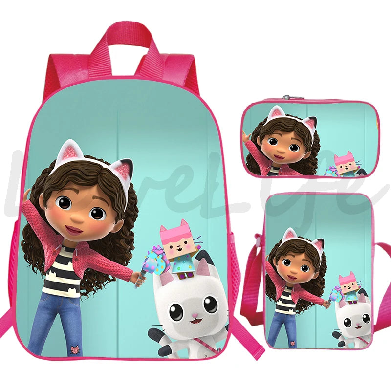 JUNBIE Kids Waterproof Pink Nylon Fabric Cute Cartoon Gabby's Dollhouse Design Zippers Curve Back Shoulder Straps-Handle Built-In Laptop Compartment External Pockets Backpacks/Colors-Pink/Multicolor