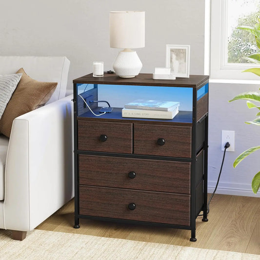 Wood Rustic Brown Nightstands/Charging Station / 4 Drawers /2-Tier Shelves